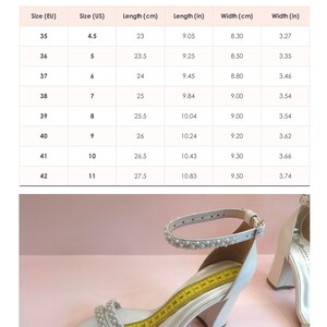 Puede incluir: Una tabla de tallas para sandalias de mujer con medidas en cent&iacute;metros y pulgadas. La tabla muestra la talla de zapato europea, la talla de zapato estadounidense, la longitud en cent&iacute;metros, la longitud en pulgadas, el ancho en cent&iacute;metros y el ancho en pulgadas. La tabla est&aacute; sobre un fondo rosa.