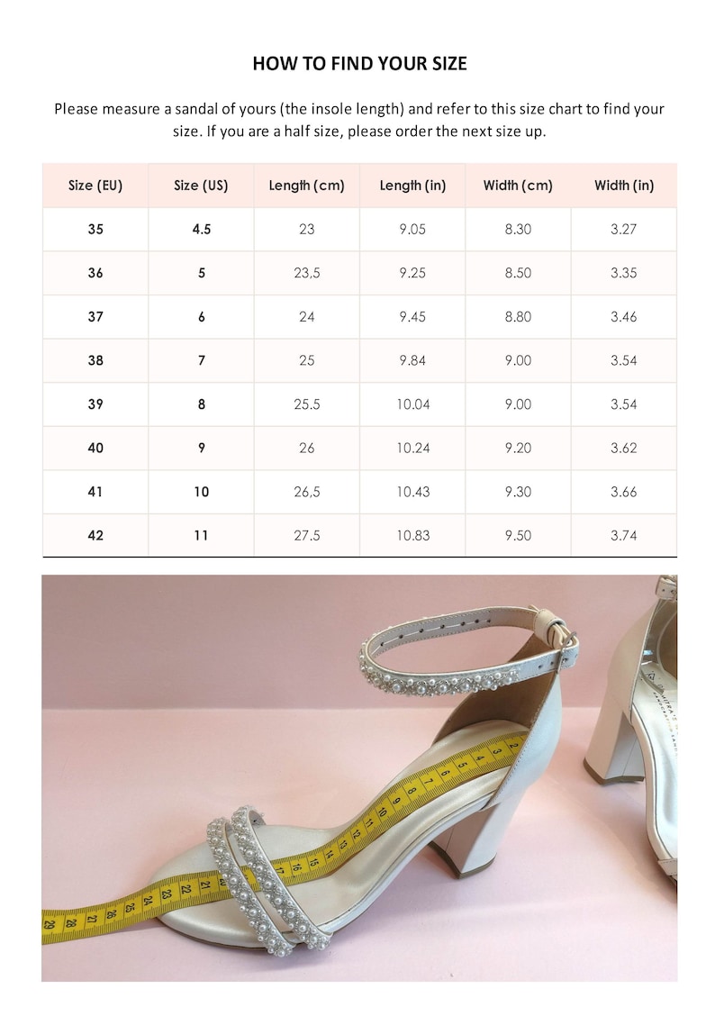 Puede incluir: Una tabla de tallas para sandalias de mujer con medidas en cent&iacute;metros y pulgadas. La tabla muestra la talla de zapato europea, la talla de zapato estadounidense, la longitud en cent&iacute;metros, la longitud en pulgadas, el ancho en cent&iacute;metros y el ancho en pulgadas. La tabla est&aacute; sobre un fondo rosa.