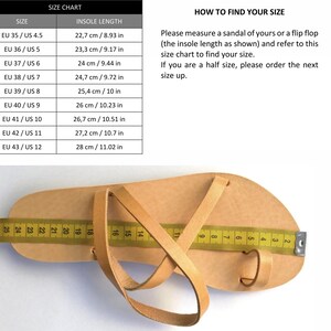 May include: A size chart for sandals with measurements in centimeters and inches. The chart shows the insole length for each size, from EU 35/US 4.5 to EU 43/US 12. The chart also includes instructions on how to find your size by measuring a sandal or flip flop.