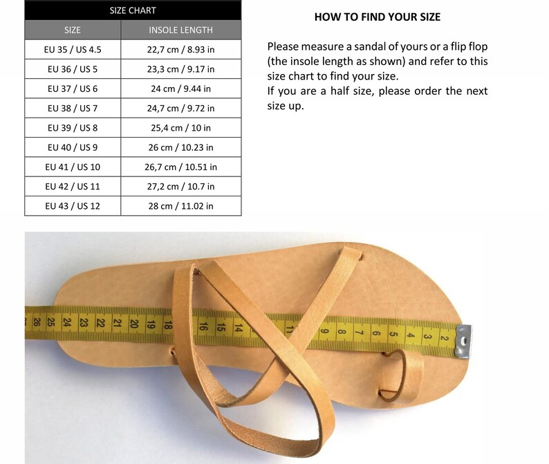 May include: A size chart for sandals with measurements in centimeters and inches. The chart shows the insole length for each size, from EU 35/US 4.5 to EU 43/US 12. The chart also includes instructions on how to find your size by measuring a sandal or flip flop.
