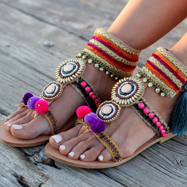 Handmade artisanal Sandals, Greek Leather Sandals, Swarovski crystals, Pom Pom Sandals, "Calypso"