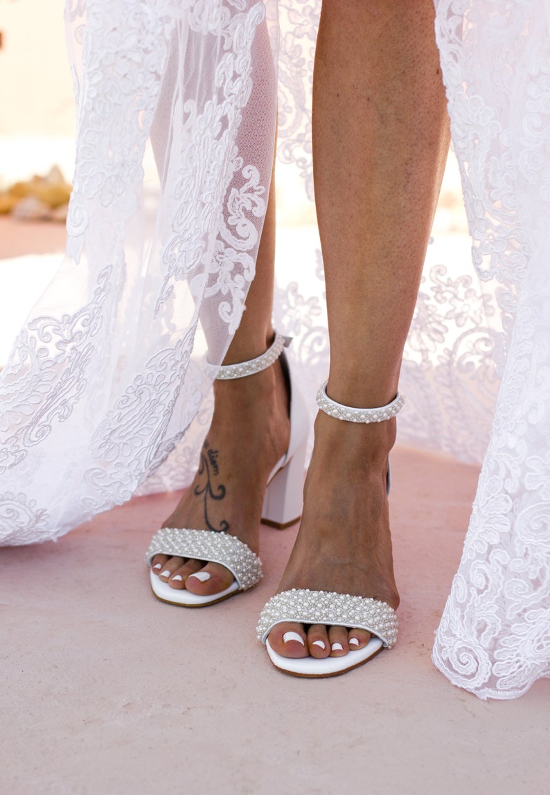 block heel weeding shoes, white leather sandals wedding, bridal heels, handmade wedding shoes, SUGAR LOVE wedding sandals image 2