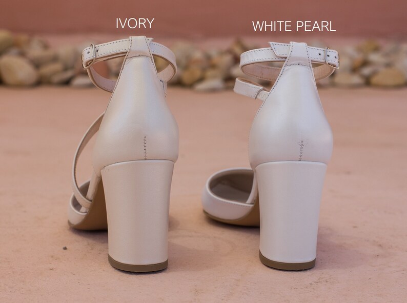 Block heel white leather wedding sandals, bridal heels white, handmade white leather heels for wedding, wedding shoes block heel IVY image 9