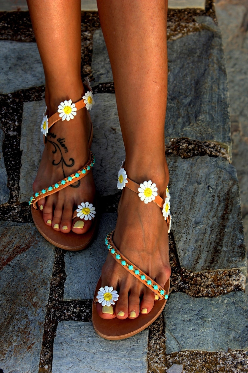 Women Leather sandals, Festival sandals, Hippie Sandals, Boho sandals, Greek Sandals, Handmade to order sandals Daisy image 2