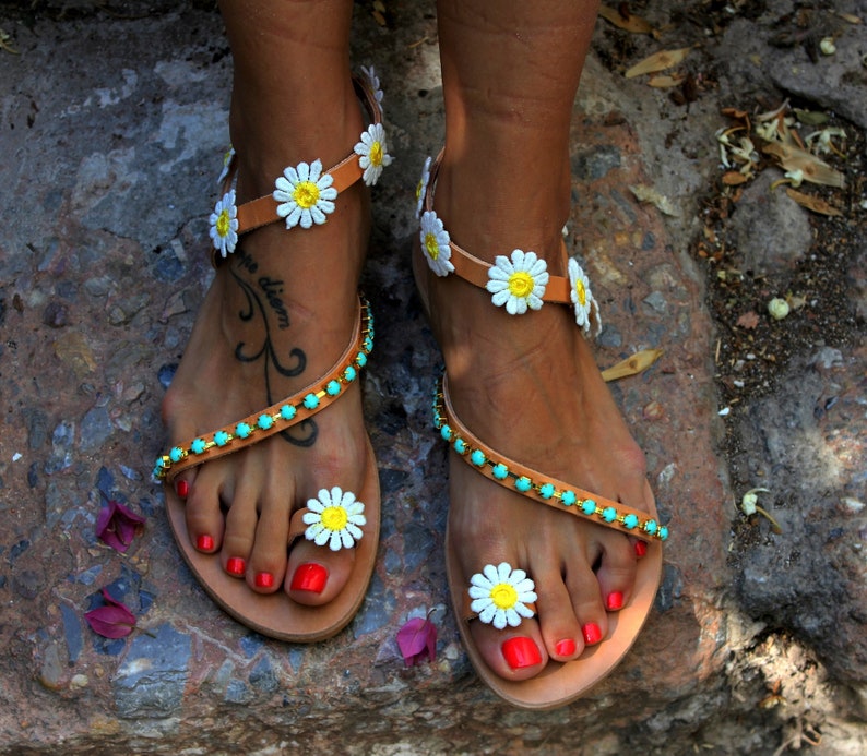 Women Leather sandals, Festival sandals, Hippie Sandals, Boho sandals, Greek Sandals, Handmade to order sandals Daisy image 3