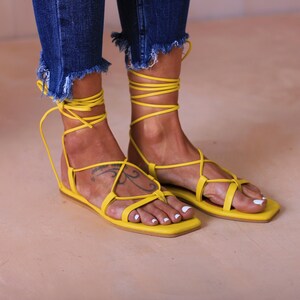 AGORA Leather sandals, Gold color Greek gladiator sandals, ancient greek sandals, lace up sandals,women sandals, women shoes Yellow