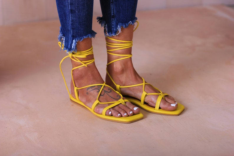 AGORA Leather sandals, Gold color Greek gladiator sandals, ancient greek sandals, lace up sandals,women sandals, women shoes Yellow