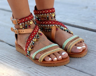Sandales en cuir faites à la main, sandales pour femmes, sandales grecques, sandales d'été, sandales bohèmes, sandales décorées pour femmes