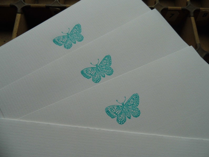 Letterpress boxed stationery set teal blue butterfly Conqueror paper