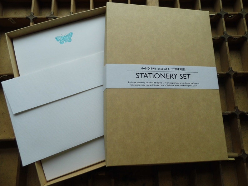Letterpress boxed stationery set teal blue butterfly Conqueror paper