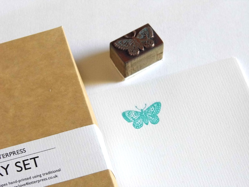 Letterpress boxed stationery set teal blue butterfly Conqueror paper