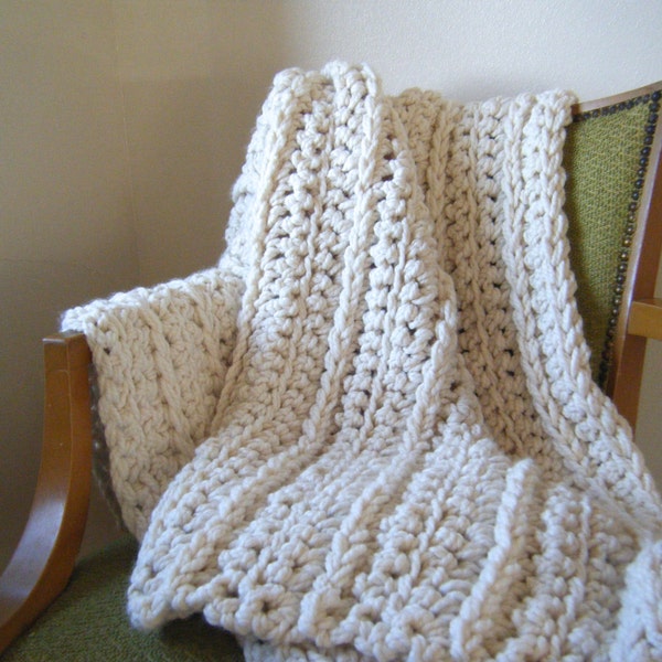 DIY Crochet Pattern:  Super chunky throw, ivory cream off-white, wool blend afghan, ribbed, blanket,  InStAnT DoWnLoAd, Wy&Lo
