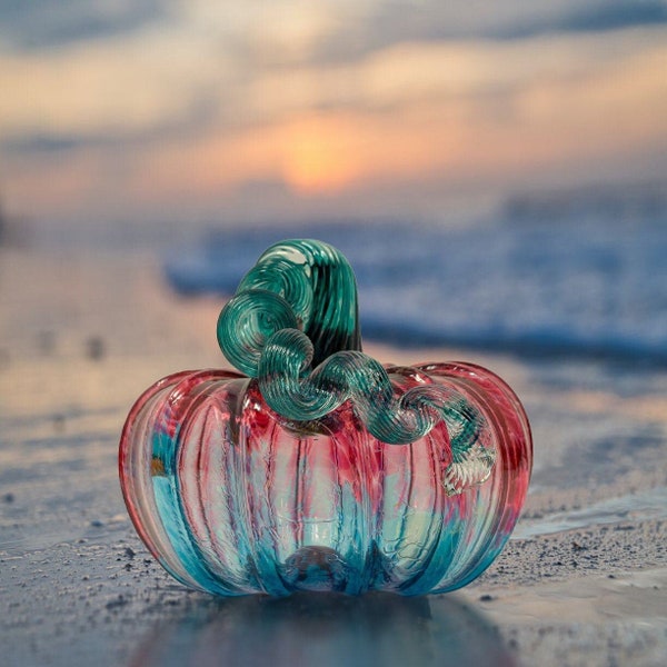 Squat Glass Pumpkin Luke Adams - [5" Diameter] fall decor holiday gift tabletop curly stem