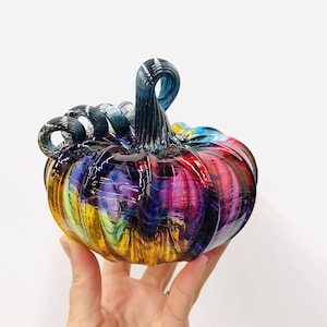Unicorn Glass Pumpkin 5&quot; Squat - Luke Adams tabletop paperweight holiday gift Violet teal blue harvest autumn amber green rainbow 5”