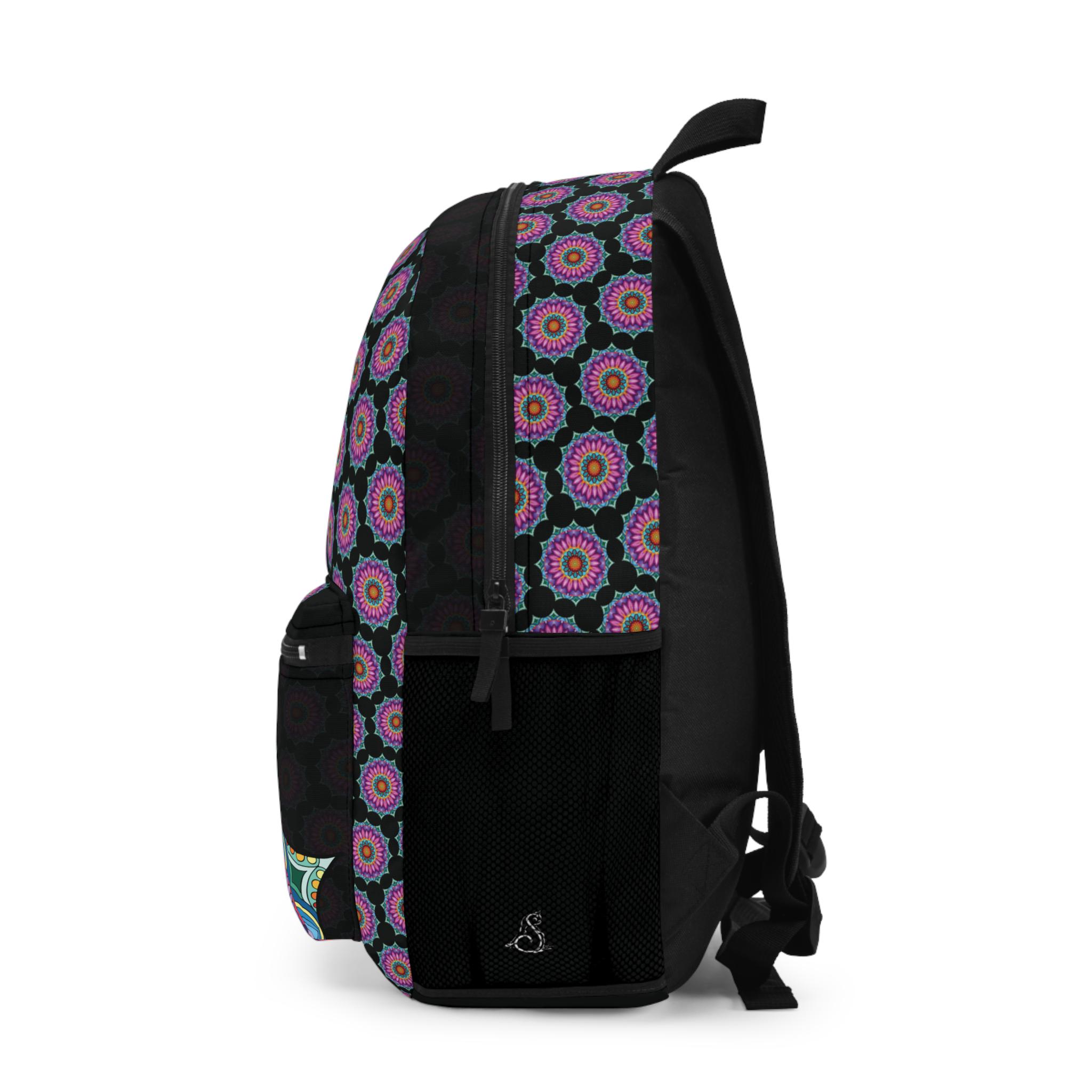 Black Geometric Mandala Backpack: Colorful Boho Rucksack 