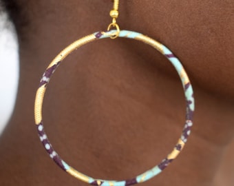 Large hoop earrings, sky blue/burgundy gold wax print, 18k gold-plated hook, ethnic earrings