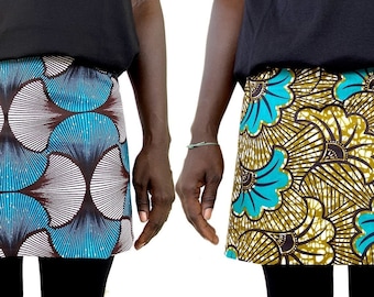 Reversible wax skirt, Ankara cotton mini-skirt African print, two skirts in one with turquoise patterns