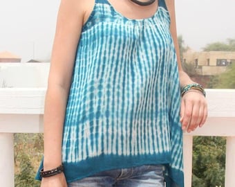 Tie-Dye Tank Top - Turquoise Blue African Cotton Voile - Bohemian Summer Top - Hand-Dyed