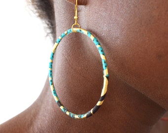 Large thin hoop earrings, African wax creoles with turquoise gold Ankara fabric