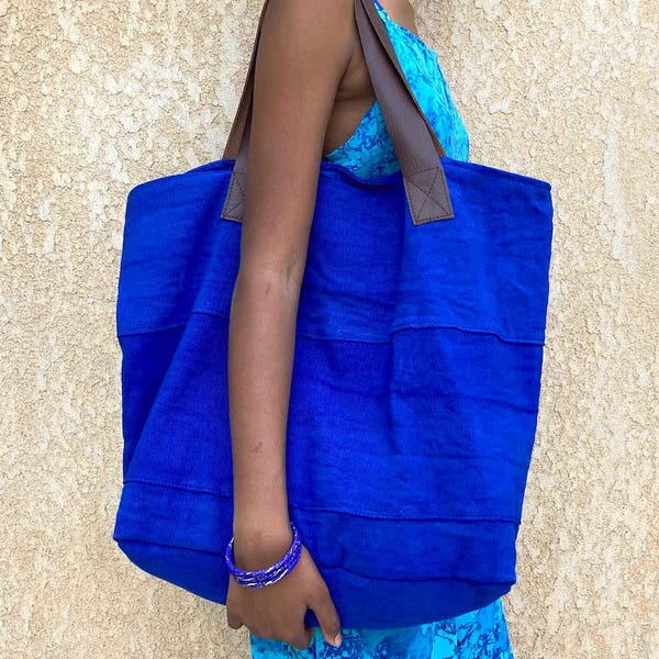 Large indigo tote bag, hand-woven, organic dye, recycled leather handles - One-of-a-kind
