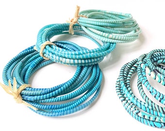 African recycled flip flops bracelets, in batch of 10 fine ethnic bracelets, waterproof jewelry in turquoise colors
