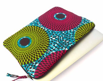 African Ankara print laptop sleeve, padded case for 13-15 inch MacBooks, pink and green target pattern