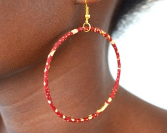 Large creole earrings in gold and red african wax print, ethnic hoop earrings