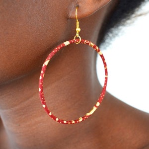 Large creole earrings in gold and red african wax print, ethnic hoop earrings image 1