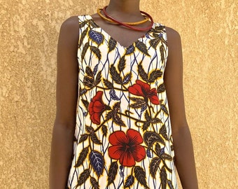 Women's African wax cotton dress, an elegant and authentic summer dress with this Ankara print in red hibiscus on white background