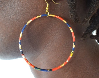 Large thin hoop earrings, African wax creoles with red/navy/gold Ankara fabric