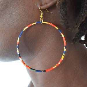 Large thin hoop earrings, African wax creoles with red/navy/gold Ankara fabric