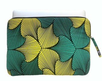 Housse ordinateur 13 pouces en wax Africain, housse matelassée ou étui pour Macbook ou autre ordinateur portable, imprimé Ankara vert/jaune