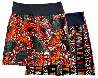 Africa print skirt, reversible skirt with 2 African wax fabrics, Ankara target blue/orange print