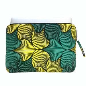 13 inch laptop sleeve in African wax, padded pouch for Macbook or other laptop, green/yellow Ankara print