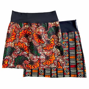 Africa print skirt, reversible skirt with 2 African wax fabrics, Ankara target blue/orange print