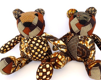 Patchwork bear, small patchwork teddy bear in African cotton, handmade Ankara print, nice decoration for child's room in brown tones