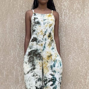 Women&#39;s Long Overalls in Lightweight Cotton – Handmade Khaki and Ochre Tie-Dye – Ethical and Comfortable