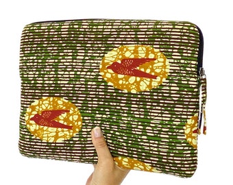 African computer sleeve, laptop bag or laptop case for macbook, Ankara bird print khaki/green/red/brown