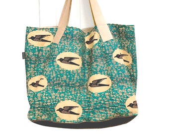 Large eco-friendly tote bag in Ankara-printed African wax with recycled leather handles and bottom - Birds motif on black/turquoise stripes