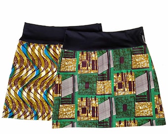 Ankara print skirt, a reversible skirt 2 African prints vintage in Ankara fabric green/brown tones, handmade short skirt