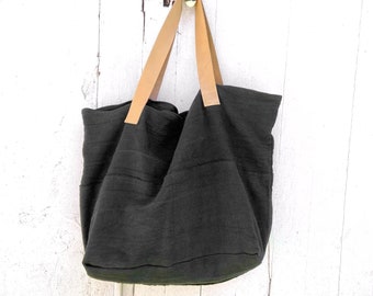 Large XXL tote bag in weaving and organic handicraft dyeing, recycled leather handles, black color