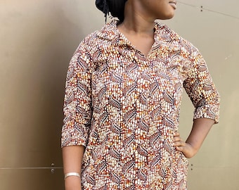 African shirt dress, a long shirt in light wax cotton, Ankara brown color