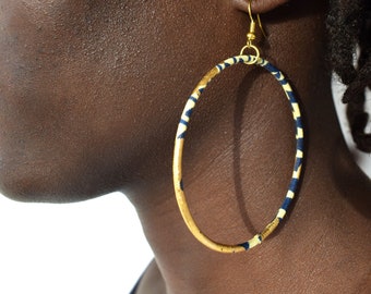 Large Ankara creoles or women's earrings, big hoop earrings in navy/gold African print, a chic and bohemian jewel