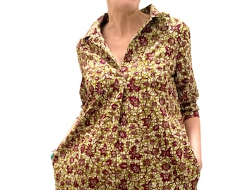 Women's African Ankara cotton fabric, comfortable shirt in khaki/burgundy colors