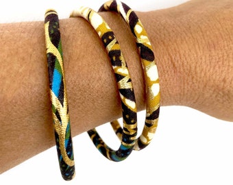 African Ankara bracelets by the piece or in a set of 3 assorted ethnic bracelets, Ankara fabrics black/mustard/ecru/gold