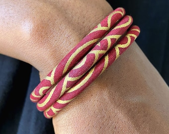 Gold-tone Japanese bangle bracelets, chic jewelry in red and gold fabric, two sizes