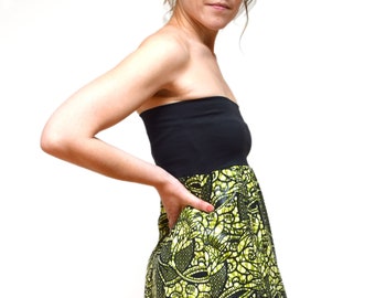 African beach dress or Ankara print long skirt, a lovely transformable beach wear in khaki print cotton