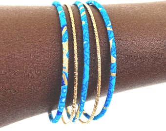 Women African wax bracelet with Ankara print fabric or set of 3 ethnic bangles with Ankara fabric blue turquoise/gold color