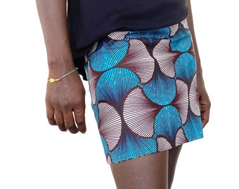 Reversible wax skirt, Ankara cotton mini-skirt African print, two skirts in one with turquoise patterns