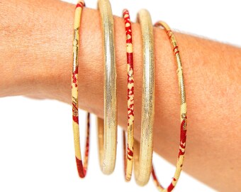 Thin wax bracelet or African print jewel, ethnic chic bohemian jewel in Ankara fabric golden/red